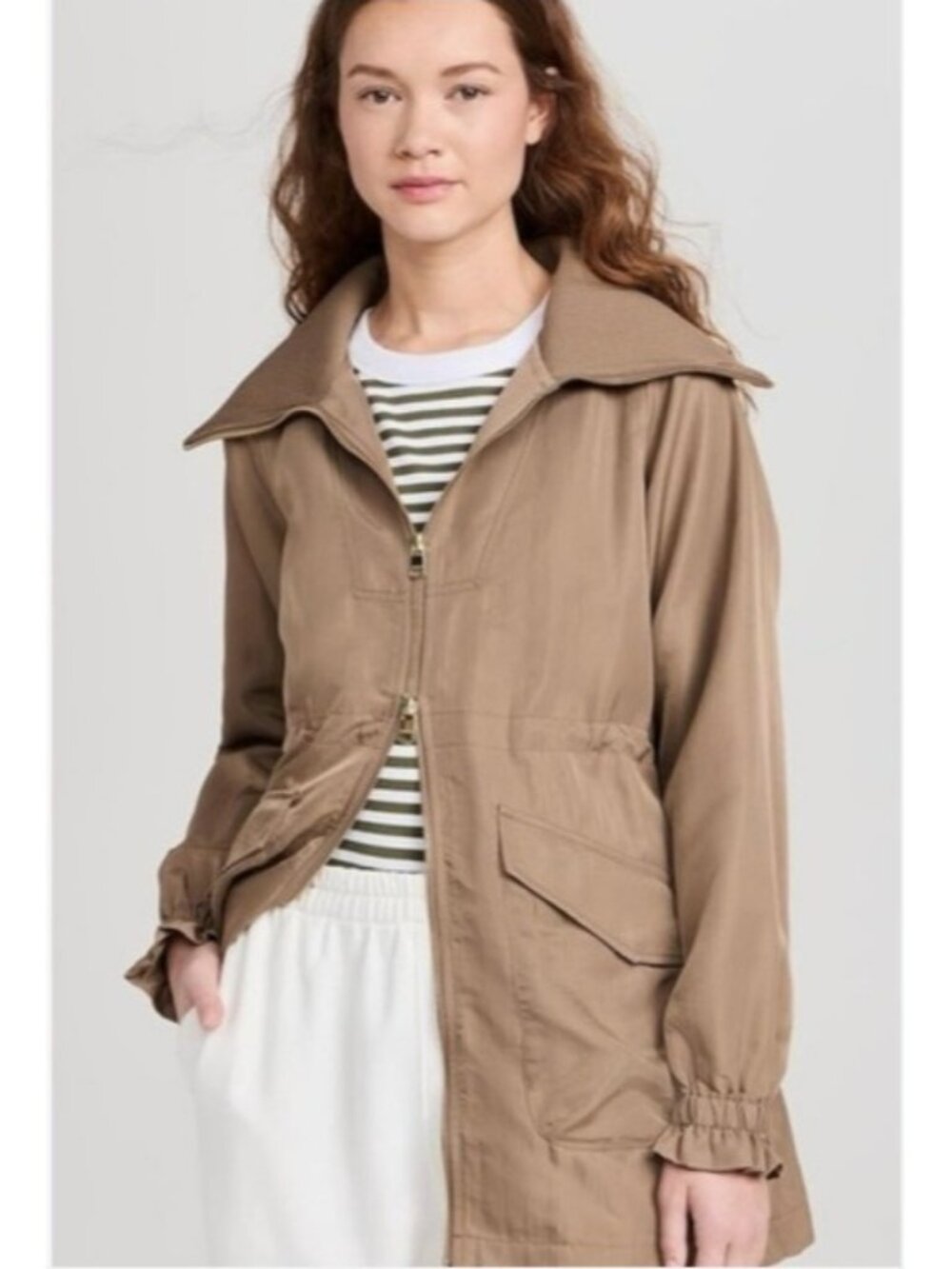 Varley Women's Alison Longline Bomber Jacket Shimmer Twill Taupe Size S